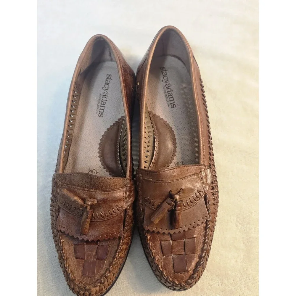 Vintage 80s 90s Stacy Adams Mens 10M Woven Leather Loafers Tan Brazil Deadstock